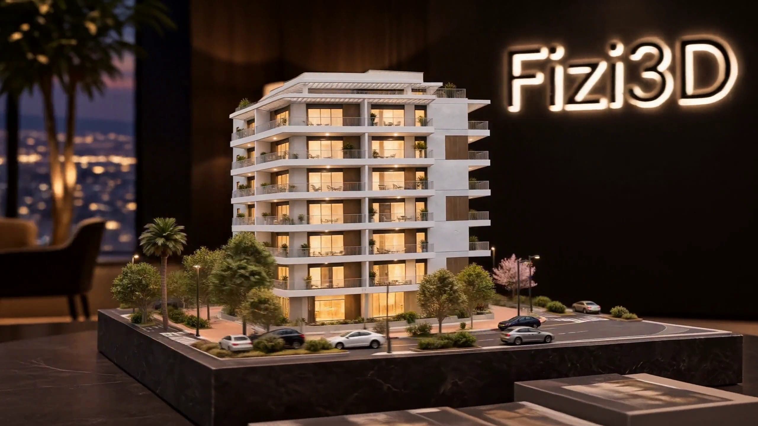 הדמיית הדגם של בניין השלום מהפינה, שלט Fizi3D ברקע