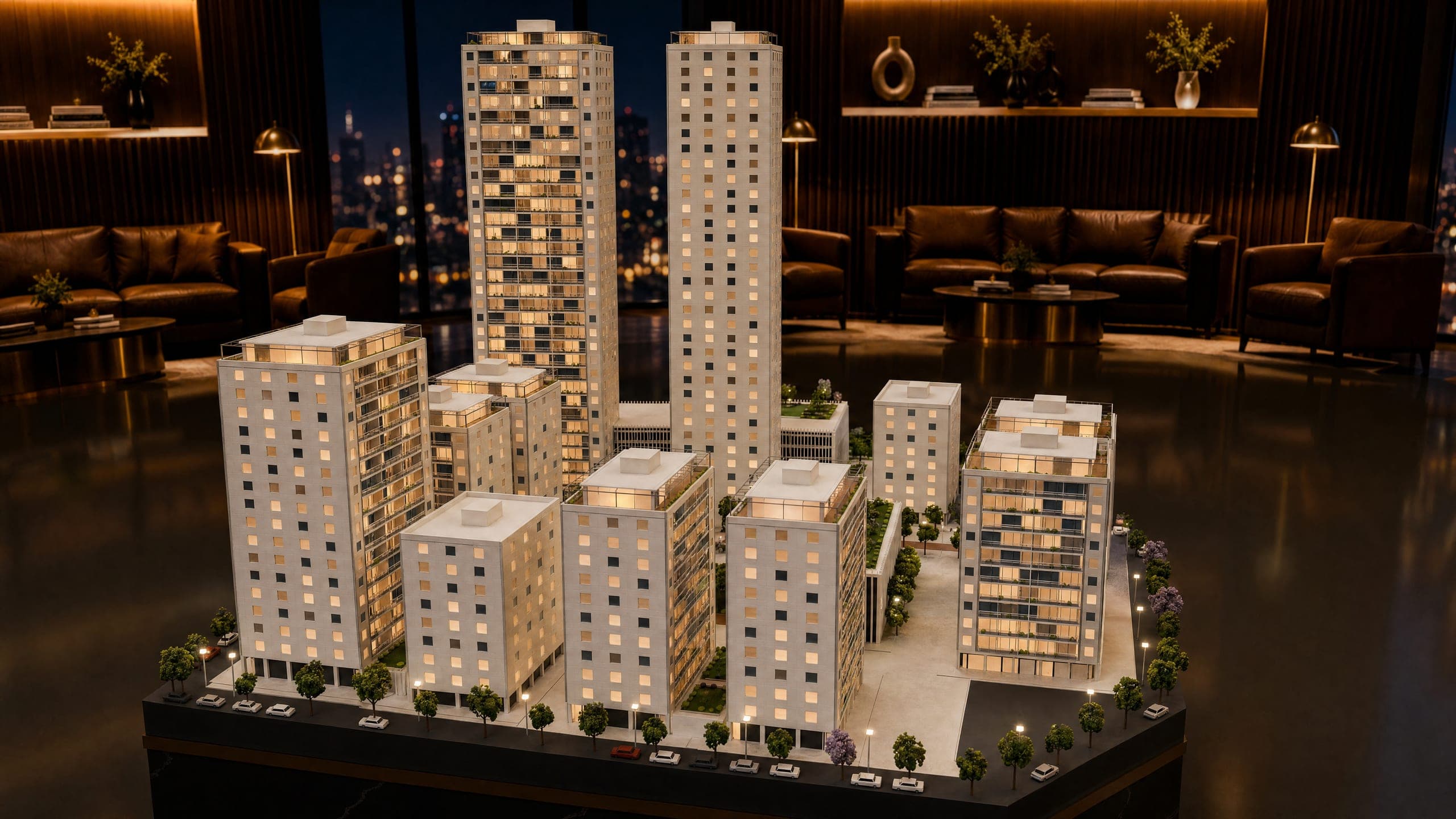 הדמיית הדגם של מתחם הכרם: שני המגדלים מעל בנייני המגורים והפארק
